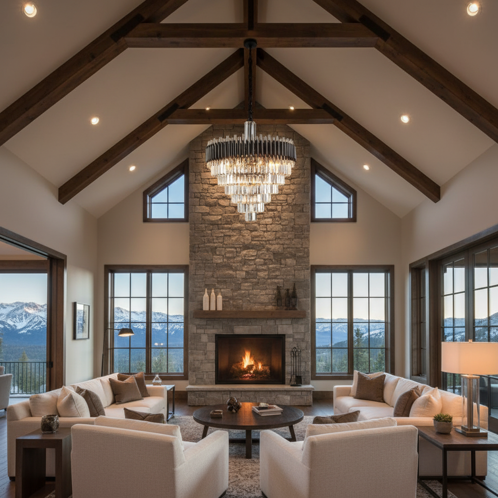Riviko Grand Lumina Tiered Chandelier - luxury American great room with cathedral ceiling