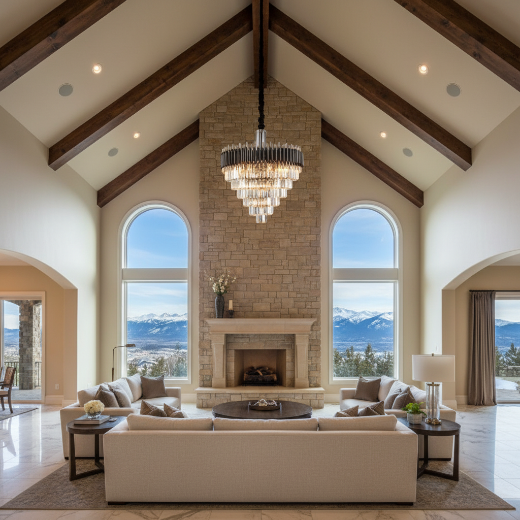 Riviko Grand Lumina Tiered Chandelier - luxury American great room with cathedral ceiling
