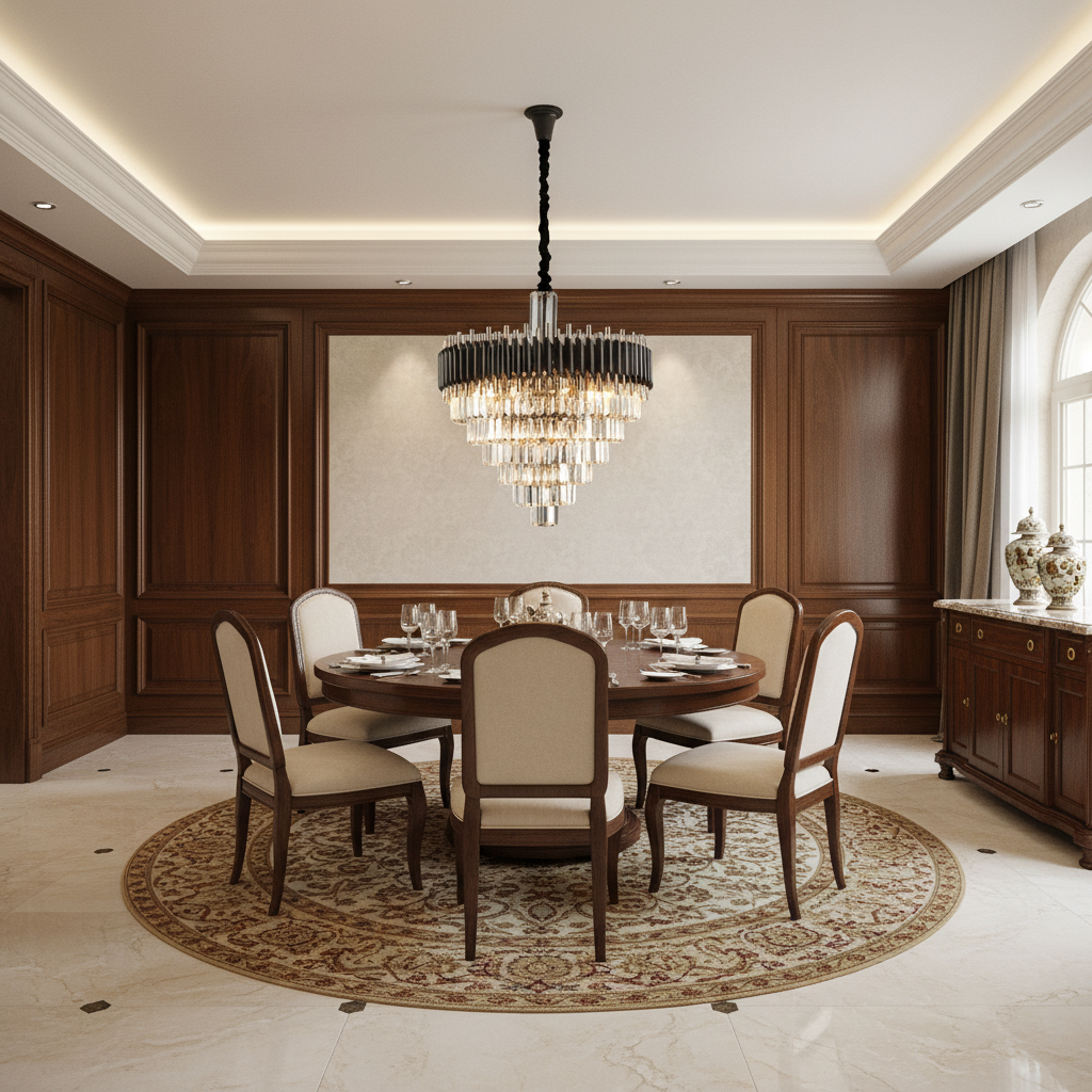 Riviko Grand Lumina Tiered Chandelier - formal American dining room with high ceiling