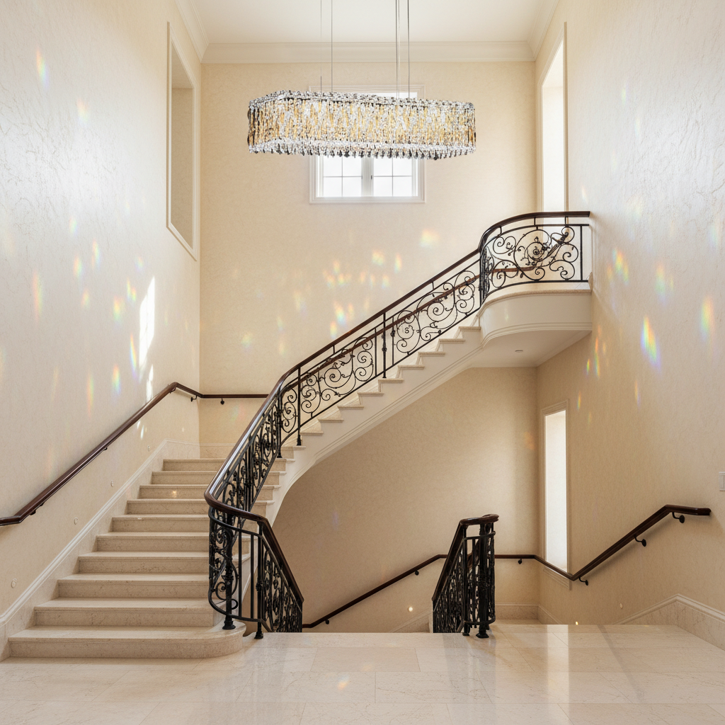Riviko Grand Lumina Rectangular Crystal Pendant Chandelier - dramatic American stairwell with soaring ceiling