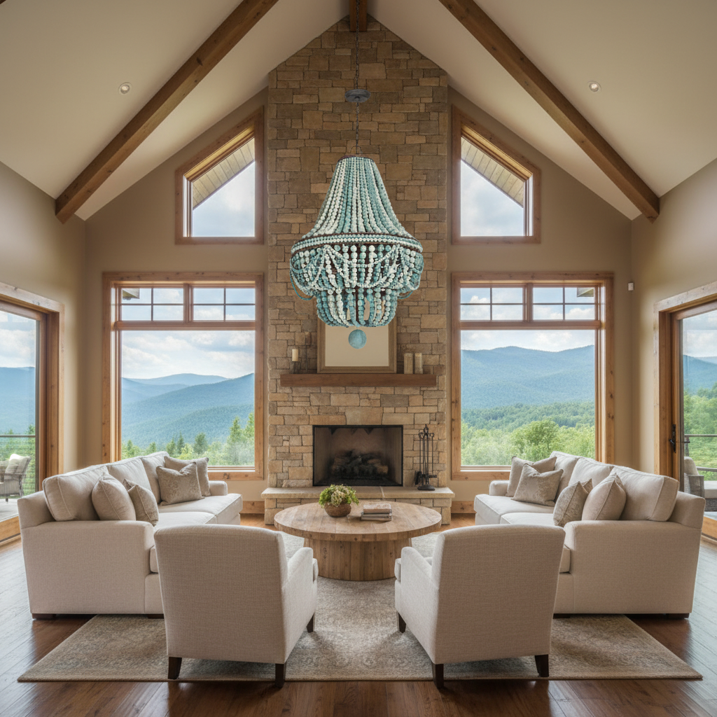 Riviko Coastal Driftwood 6-Light Chandelier - American transitional great room with cathedral ceiling