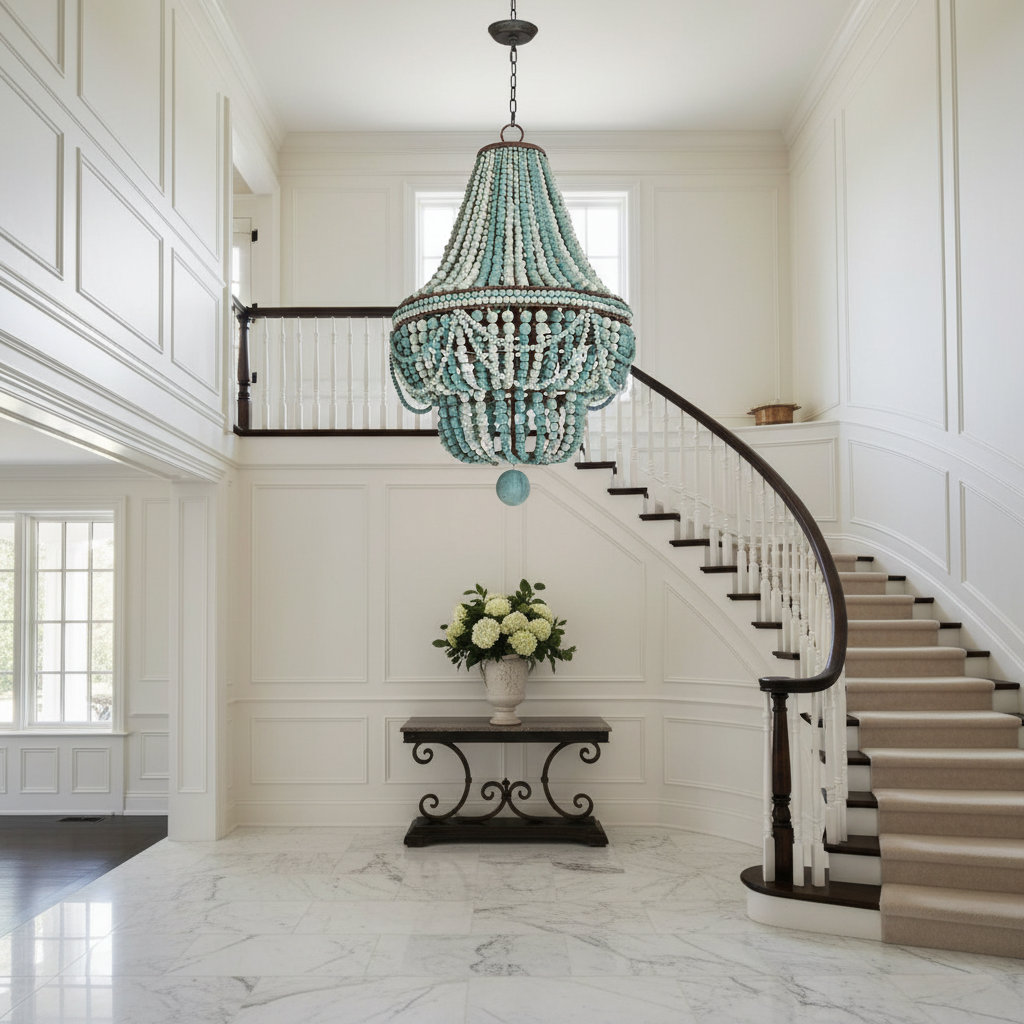 Riviko Coastal Driftwood 6-Light Chandelier - elegant American entryway with arched doorway