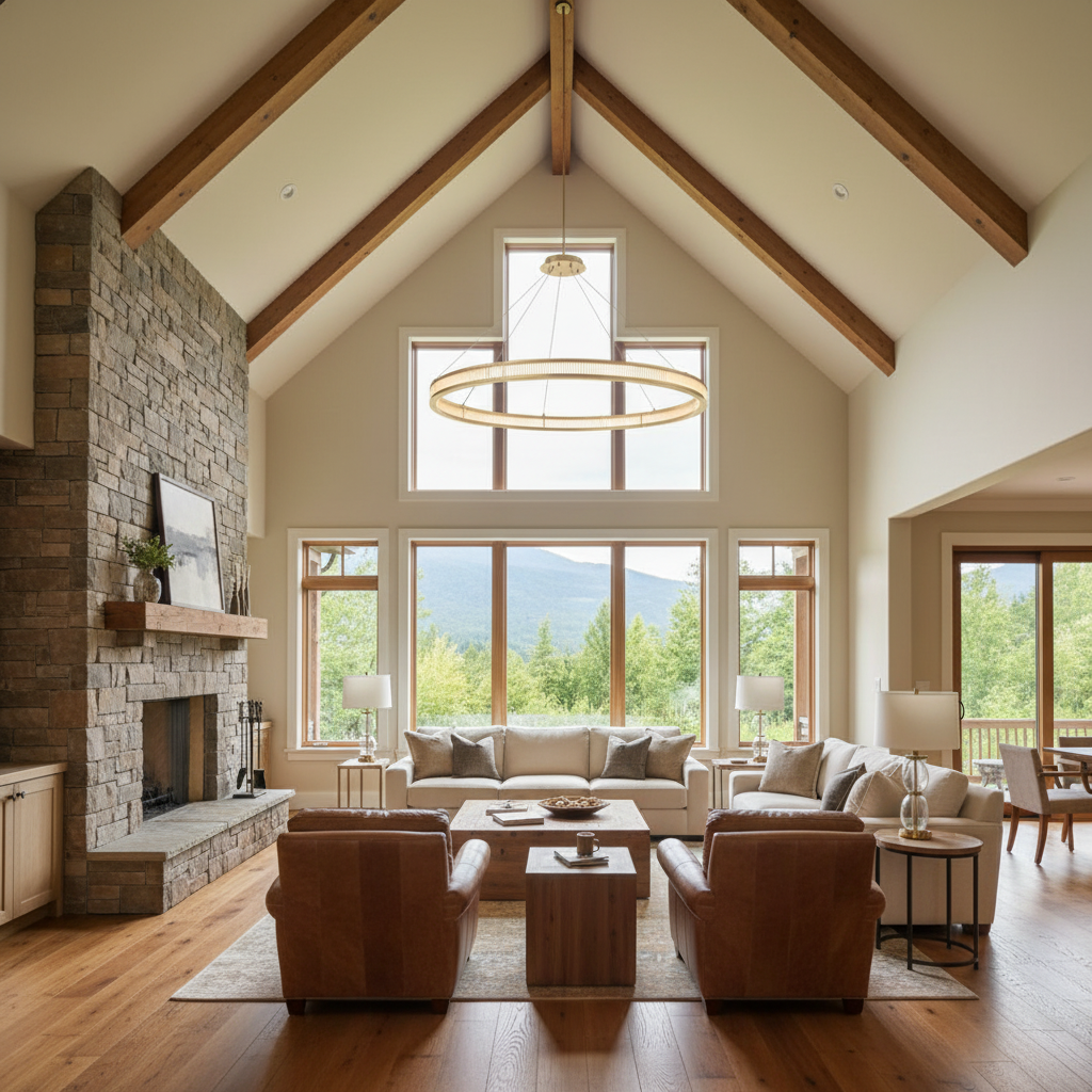 Riviko Deco Radiance Grand Chandelier - American transitional great room with cathedral ceiling
