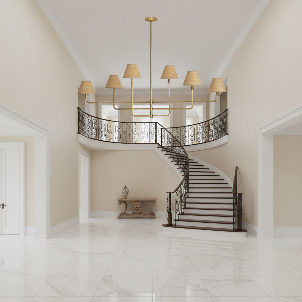 Riviko Veridian Rattan 6-Light Chandelier - grand American foyer with soaring ceiling