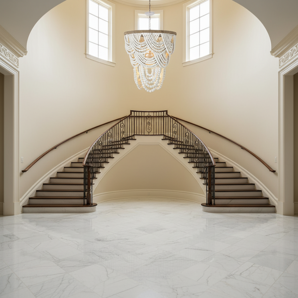 Riviko Veridian Whisper White Wood Chandelier - dramatic American stairwell with soaring ceiling