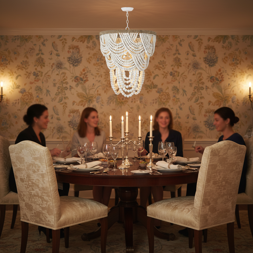 Riviko Veridian Whisper White Wood Chandelier - formal American dining room