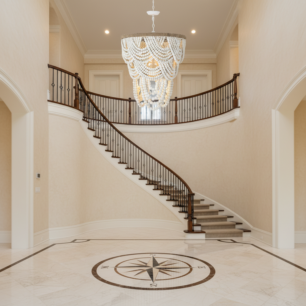 Riviko Veridian Whisper White Wood Chandelier - grand American foyer with two-story ceiling