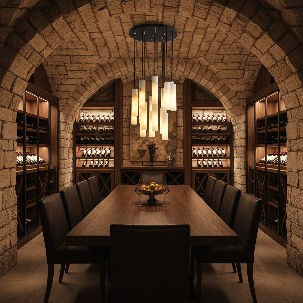 Riviko Alabaster Halo Linear Chandelier - elegant American wine cellar dining room