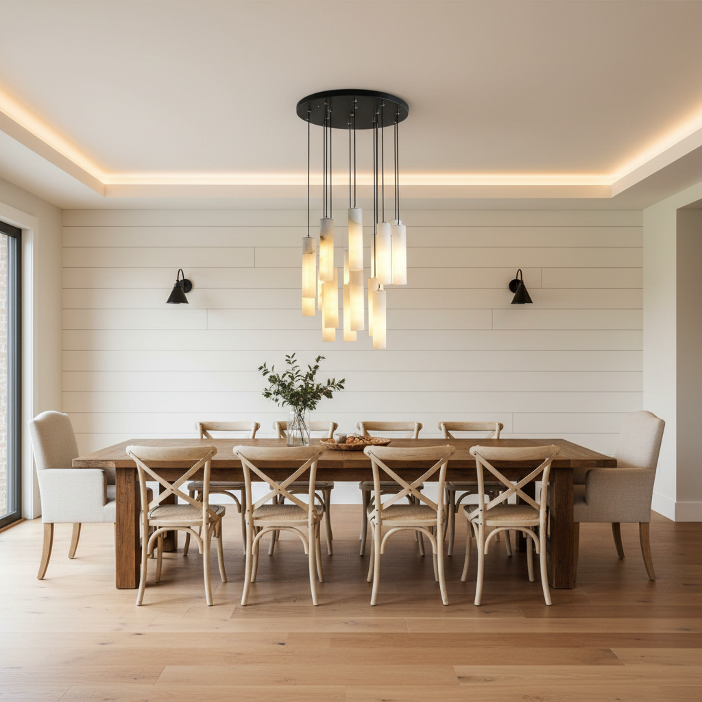 Riviko Alabaster Halo Linear Chandelier - modern American farmhouse dining room