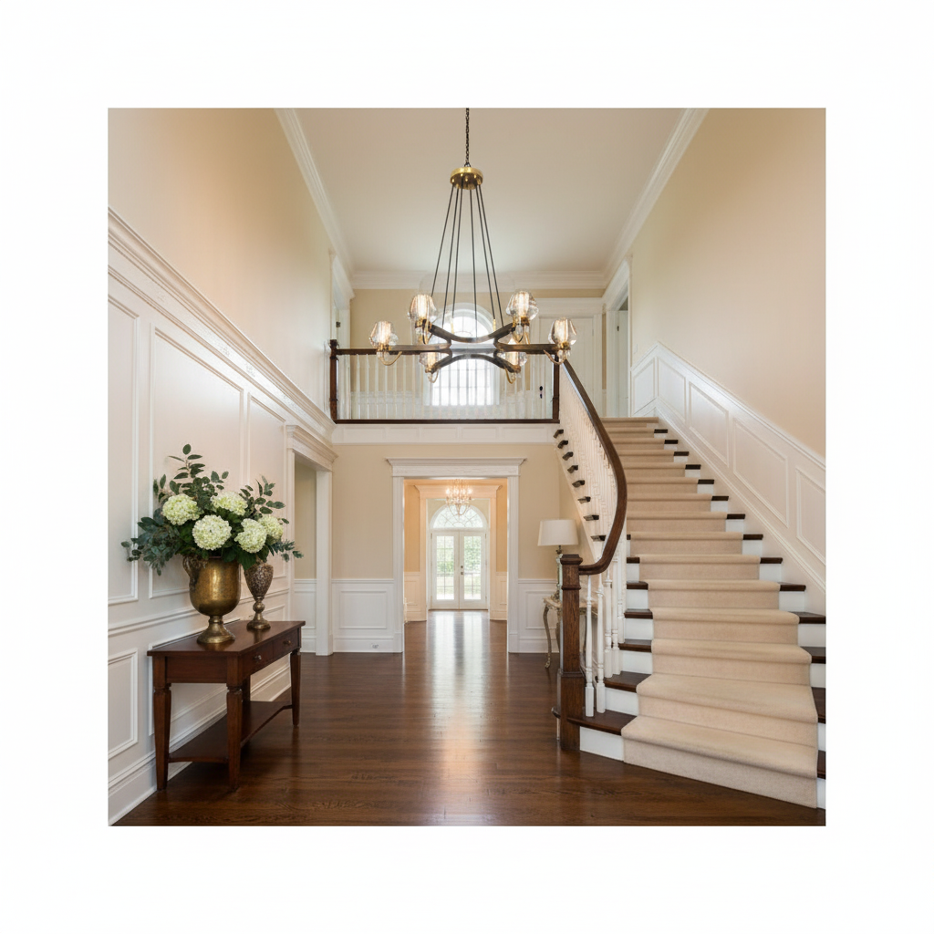Riviko Aura Branching Brass Chandelier - elegant American entryway with arched doorway