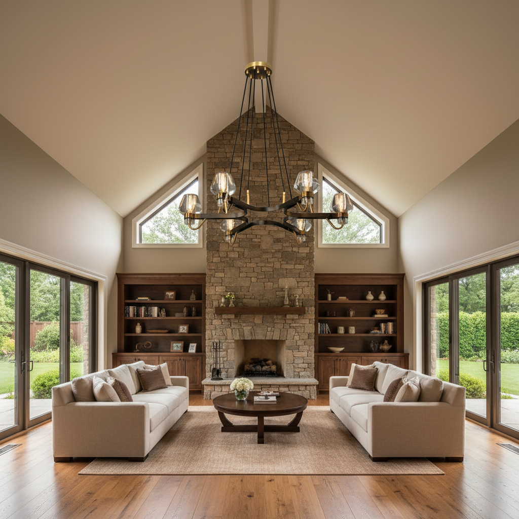 Riviko Aura Branching Brass Chandelier - American transitional great room with cathedral ceiling