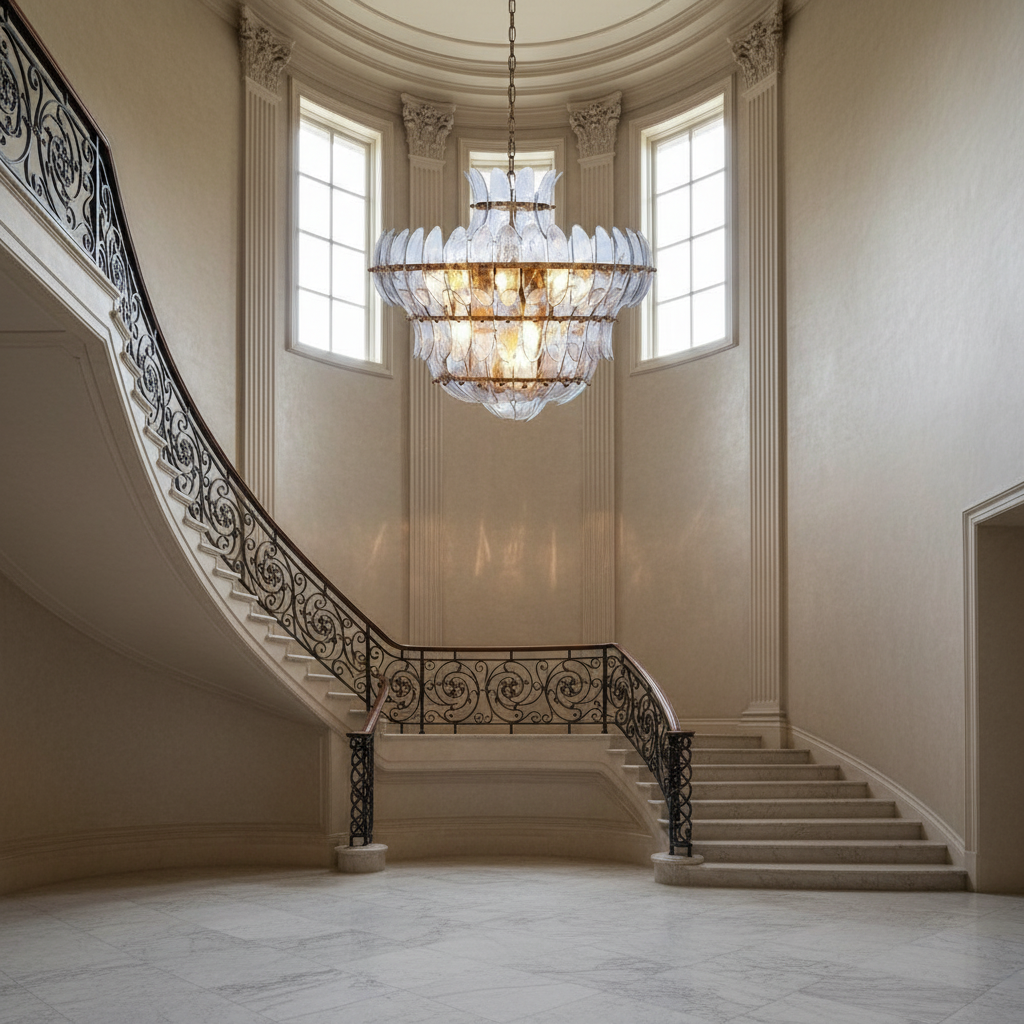 Riviko Veridian Bloom 10-Light Blown Glass Chandelier - dramatic American stairwell with soaring ceiling