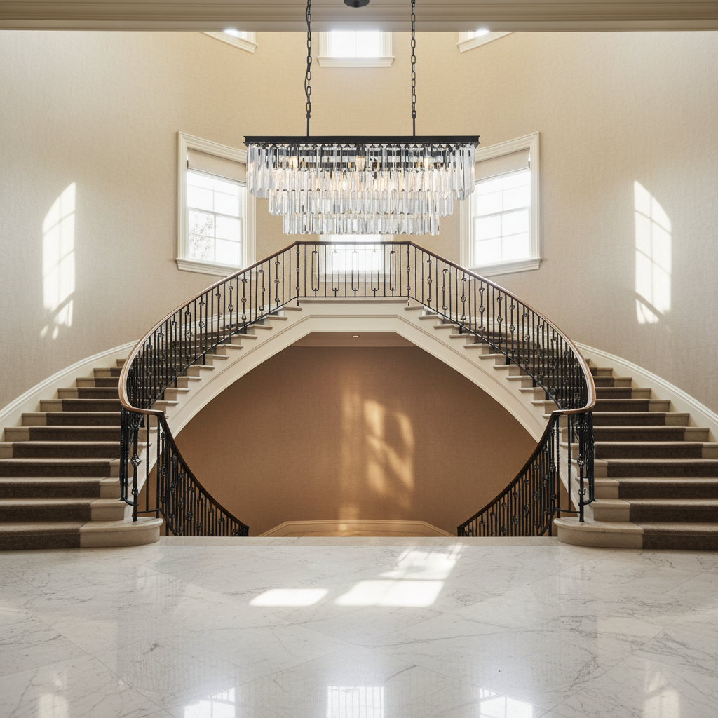 Riviko Opulent Radiance Rectangular Crystal Chandelier - dramatic American stairwell with soaring ceiling