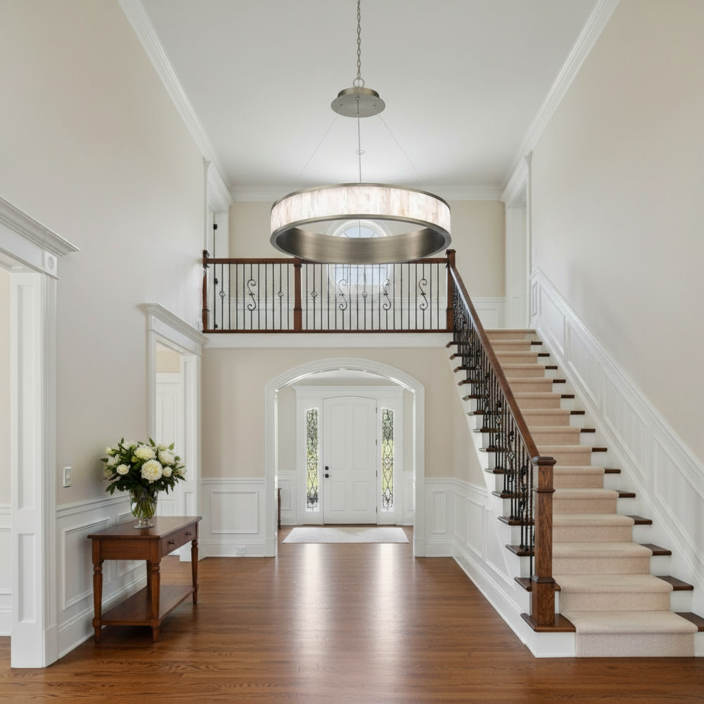 Riviko Luminous Halo Round Ring LED Chandelier - elegant American entryway with arched doorway