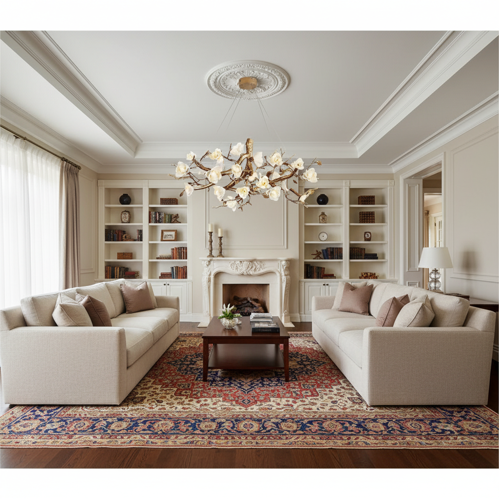 Riviko Gilded Blossom Branch Chandelier - luxurious American living room with tray ceiling