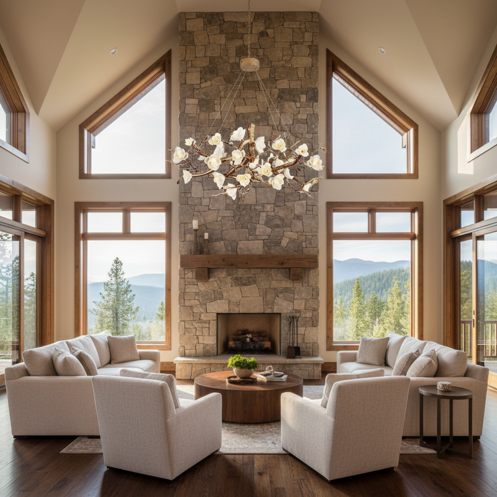 Riviko Gilded Blossom Branch Chandelier - American transitional great room with cathedral ceiling