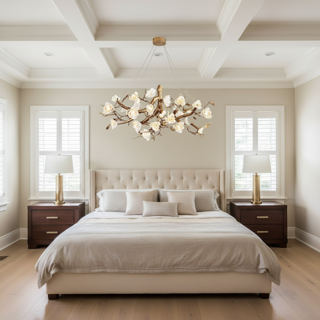 Riviko Gilded Blossom Branch Chandelier - American master bedroom with coffered ceiling