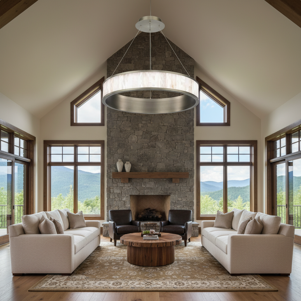 Riviko Alabaster Round Ring LED Chandelier 28" - American transitional great room with cathedral ceiling