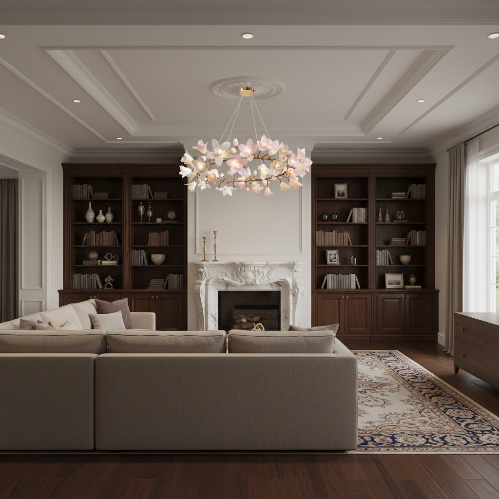 Riviko Verdant Bloom Circular Chandelier - luxurious American living room with tray ceiling