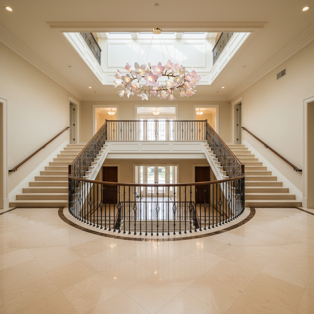 Riviko Verdant Bloom Circular Chandelier - dramatic American stairwell with soaring ceiling