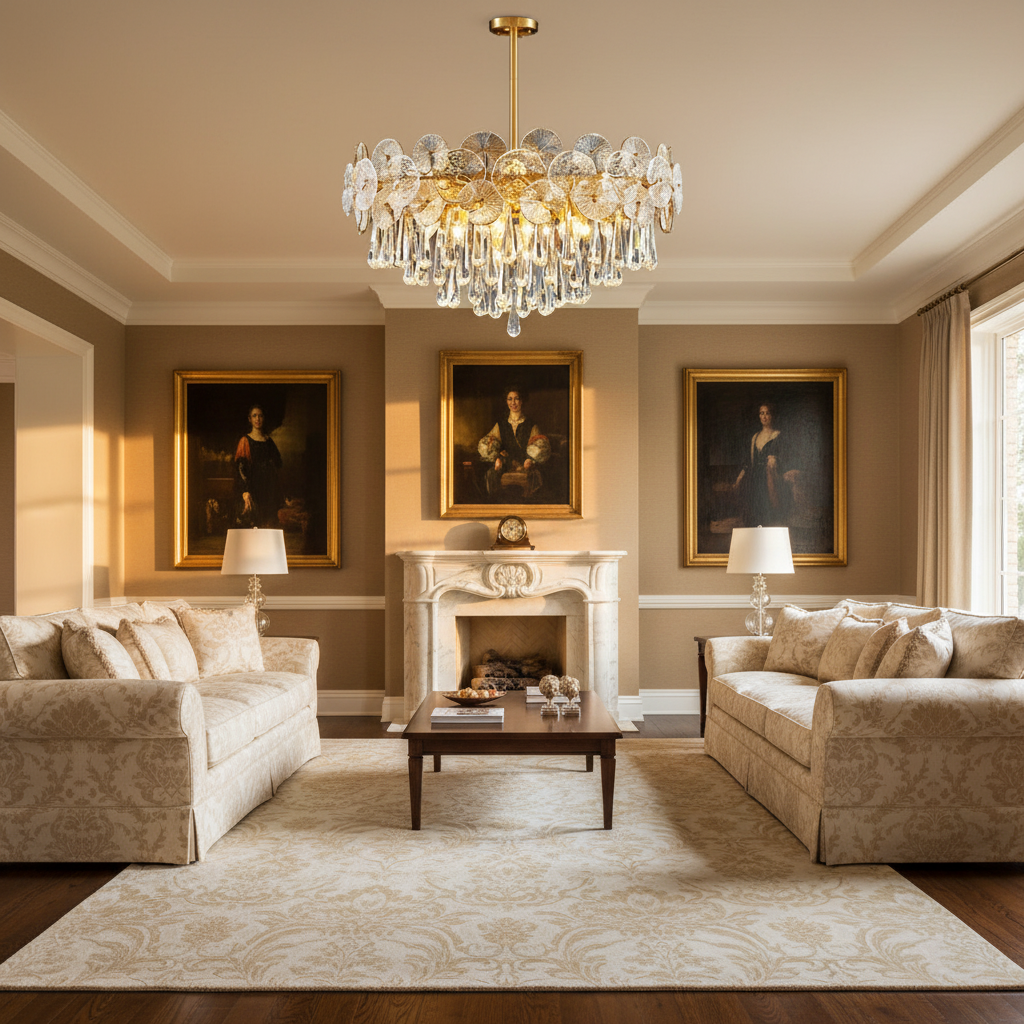 Riviko Radiant Cascade Crystal Chandelier - American formal living room with 12-foot ceilings