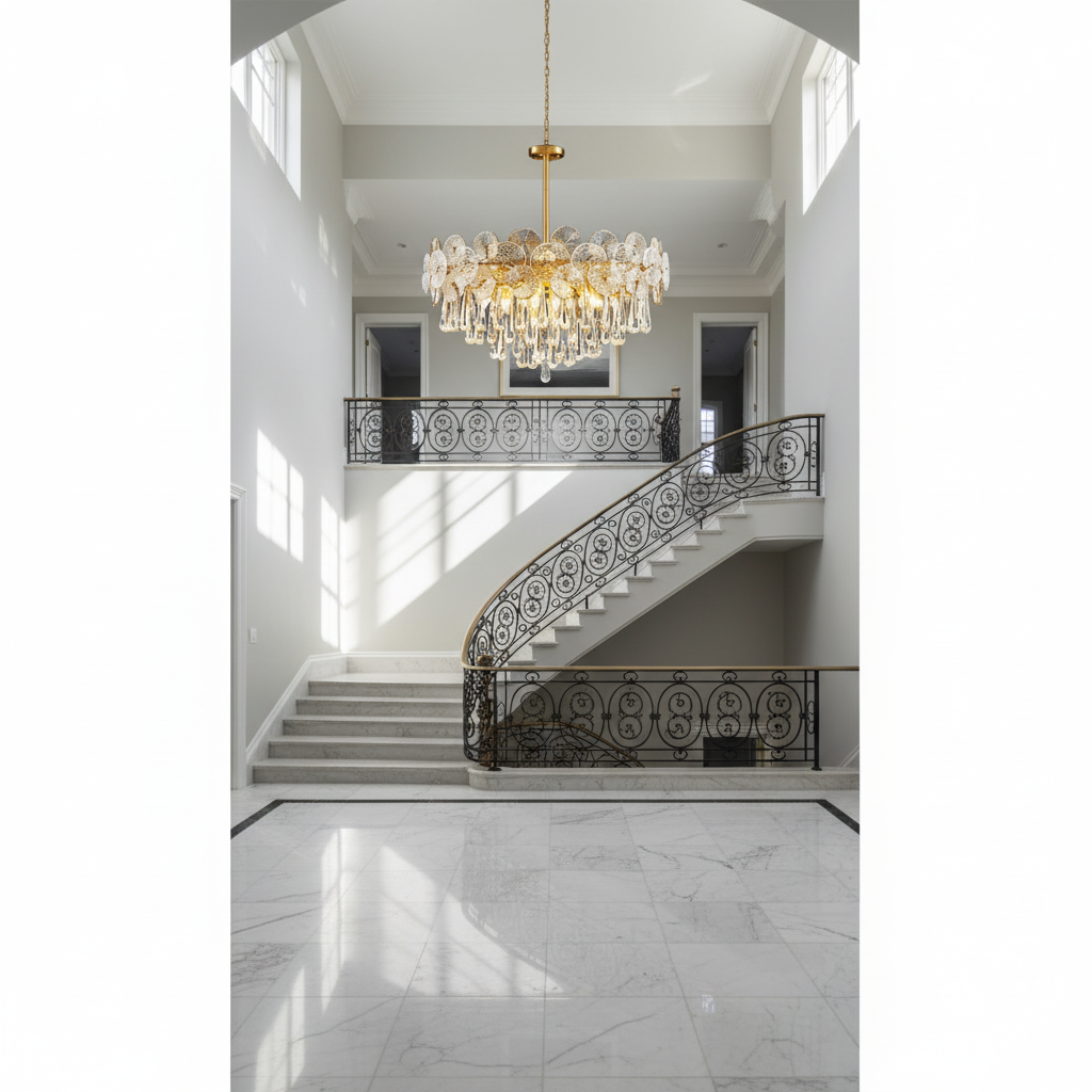 Riviko Radiant Cascade Crystal Chandelier - dramatic American stairwell with soaring ceiling