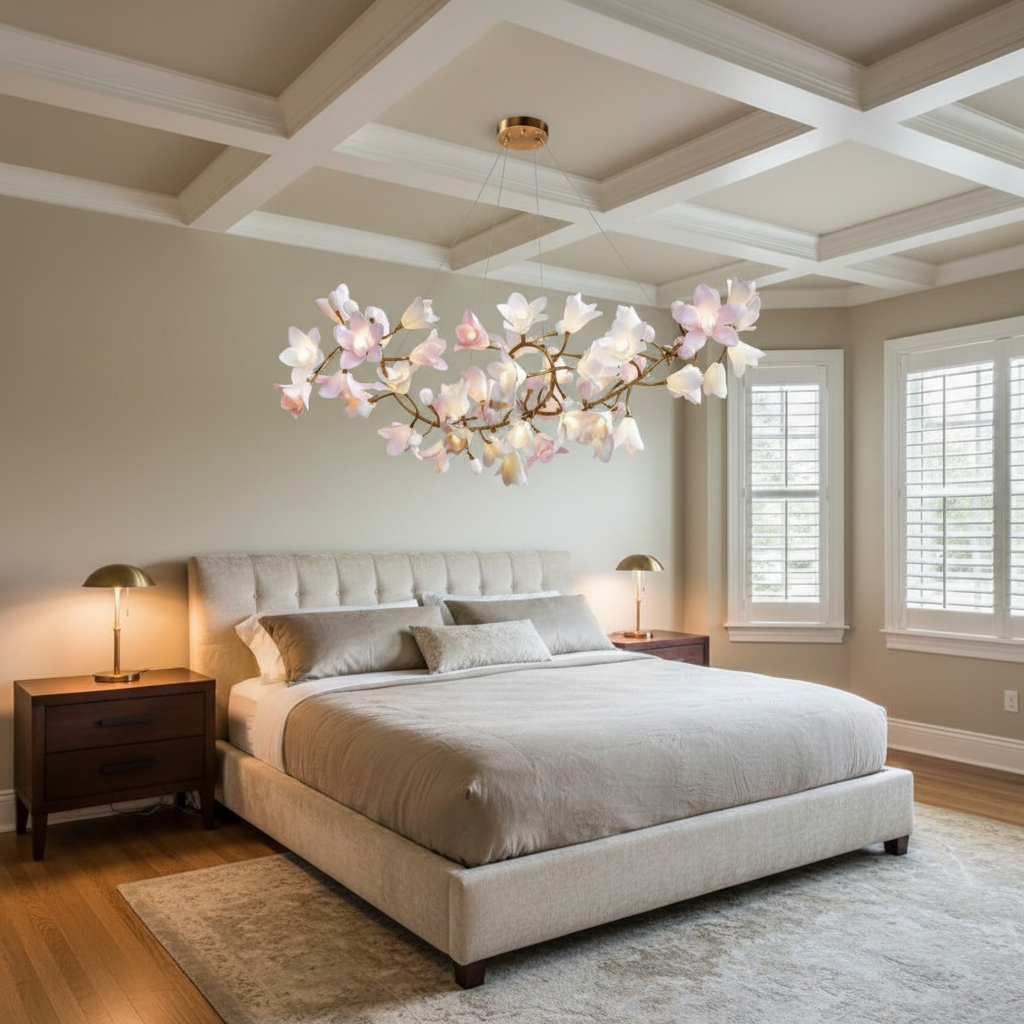 Riviko Flower Circular Blossom Chandelier - American master bedroom with coffered ceiling