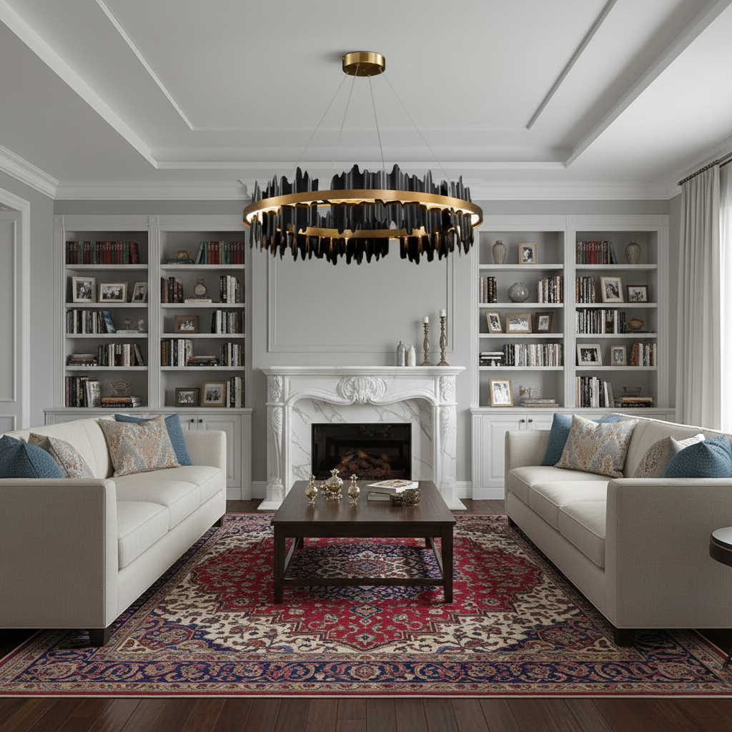 Riviko Sculptural Wave LED Round Chandelier - luxurious American living room with tray ceiling