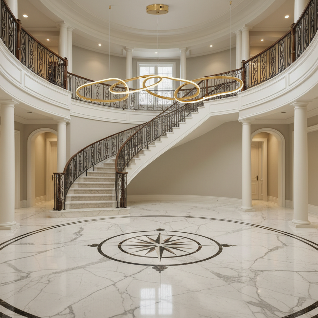 Riviko Cosmic Ring LED Chandelier - grand American foyer with two-story ceiling