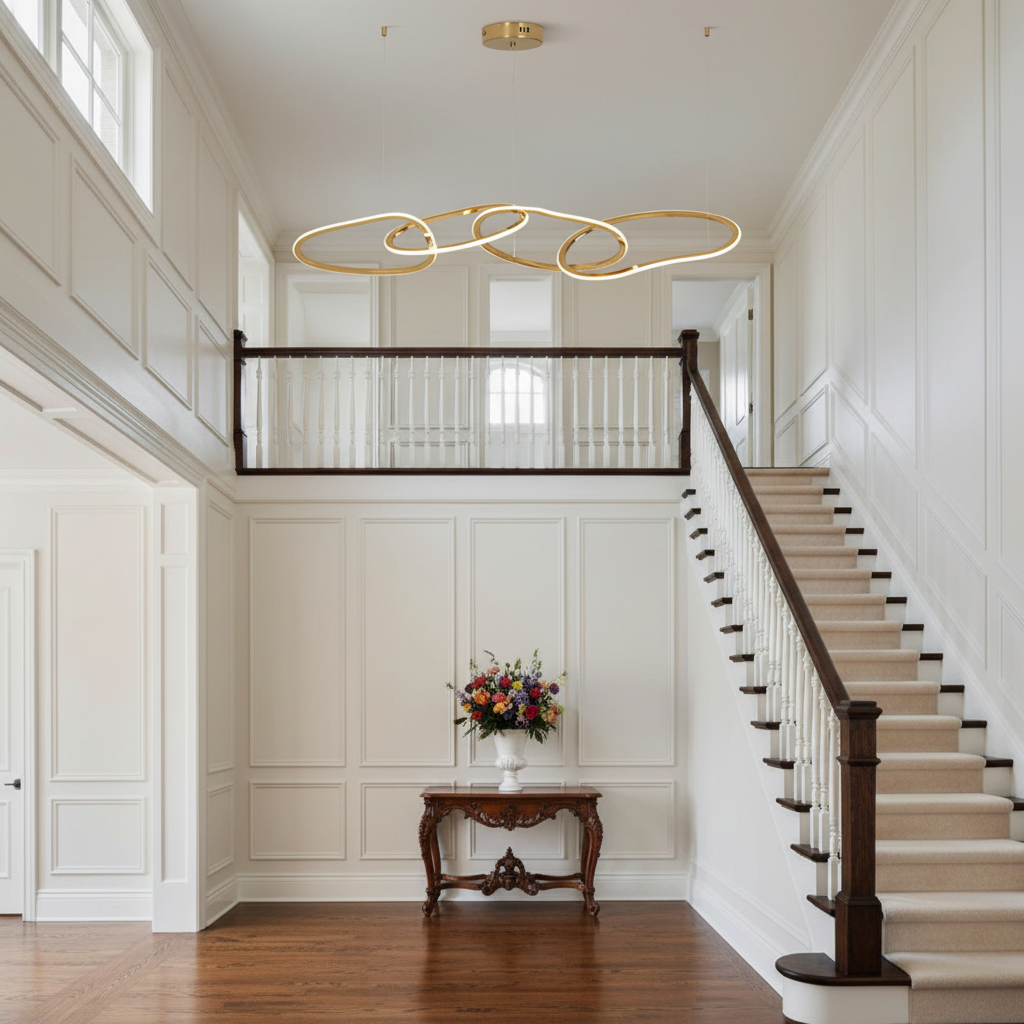 Riviko Cosmic Ring LED Chandelier - elegant American entryway with arched doorway