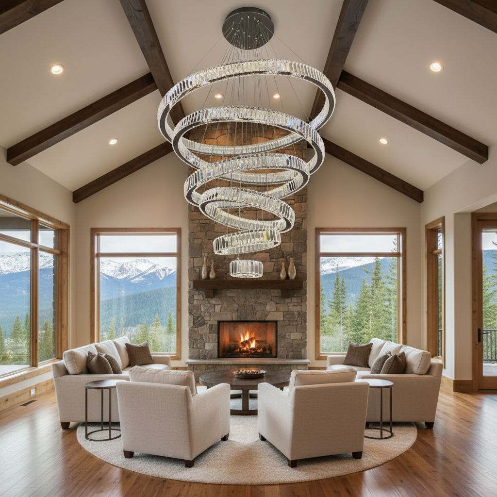 Riviko Radiant Cascade Multi-Ring Chandelier - American transitional great room with cathedral ceiling