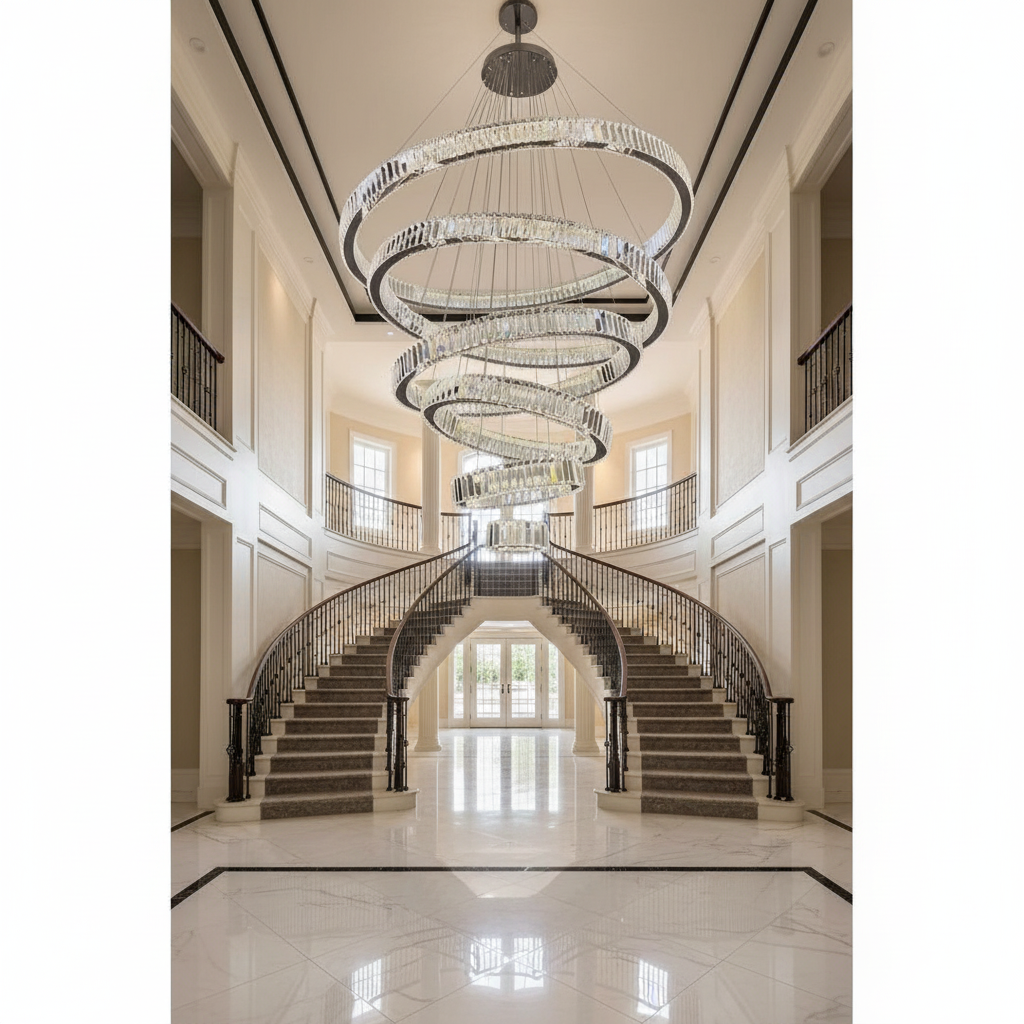 Riviko Radiant Cascade Multi-Ring Chandelier - dramatic American stairwell with soaring ceiling