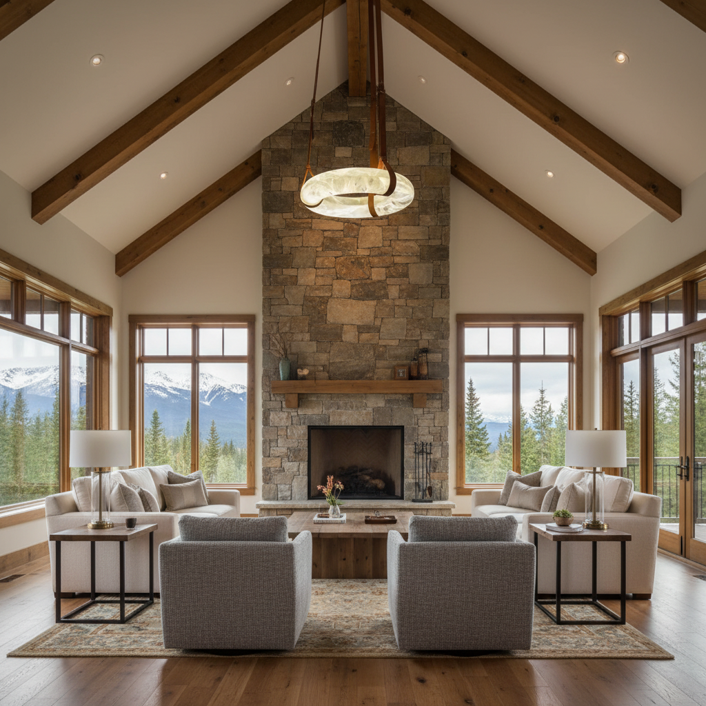 Riviko Alabaster Halo LED Chandelier - American transitional great room with cathedral ceiling
