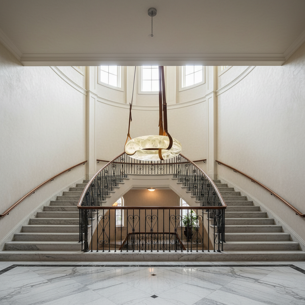 Riviko Alabaster Halo LED Chandelier - dramatic American stairwell with soaring ceiling