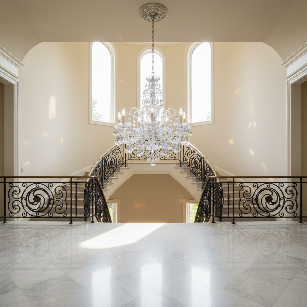 Riviko Heritage Bloom 25" Chandelier - dramatic American stairwell with soaring ceiling