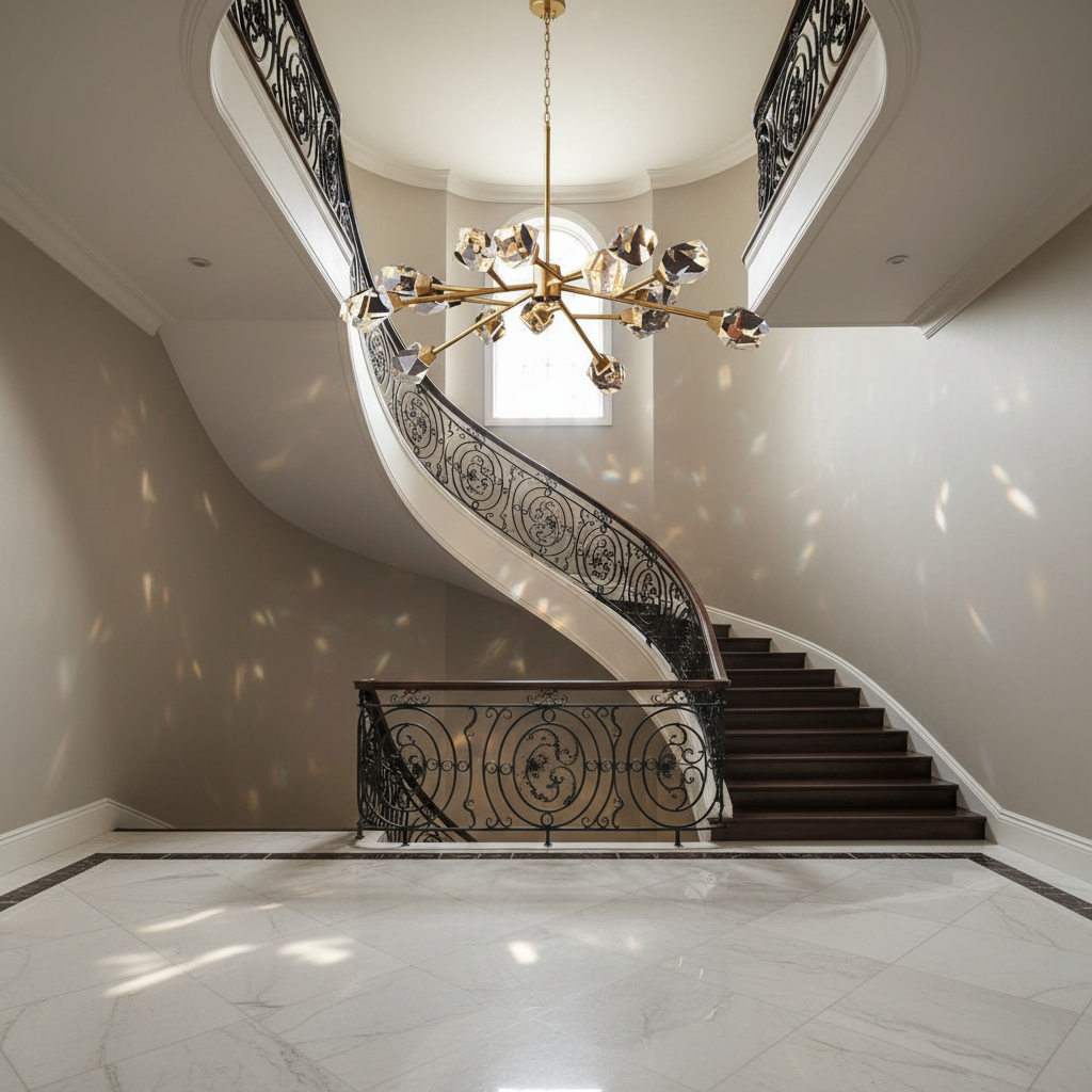 Riviko Radiant Cascade Brass Crystal Chandelier - dramatic American stairwell with soaring ceiling