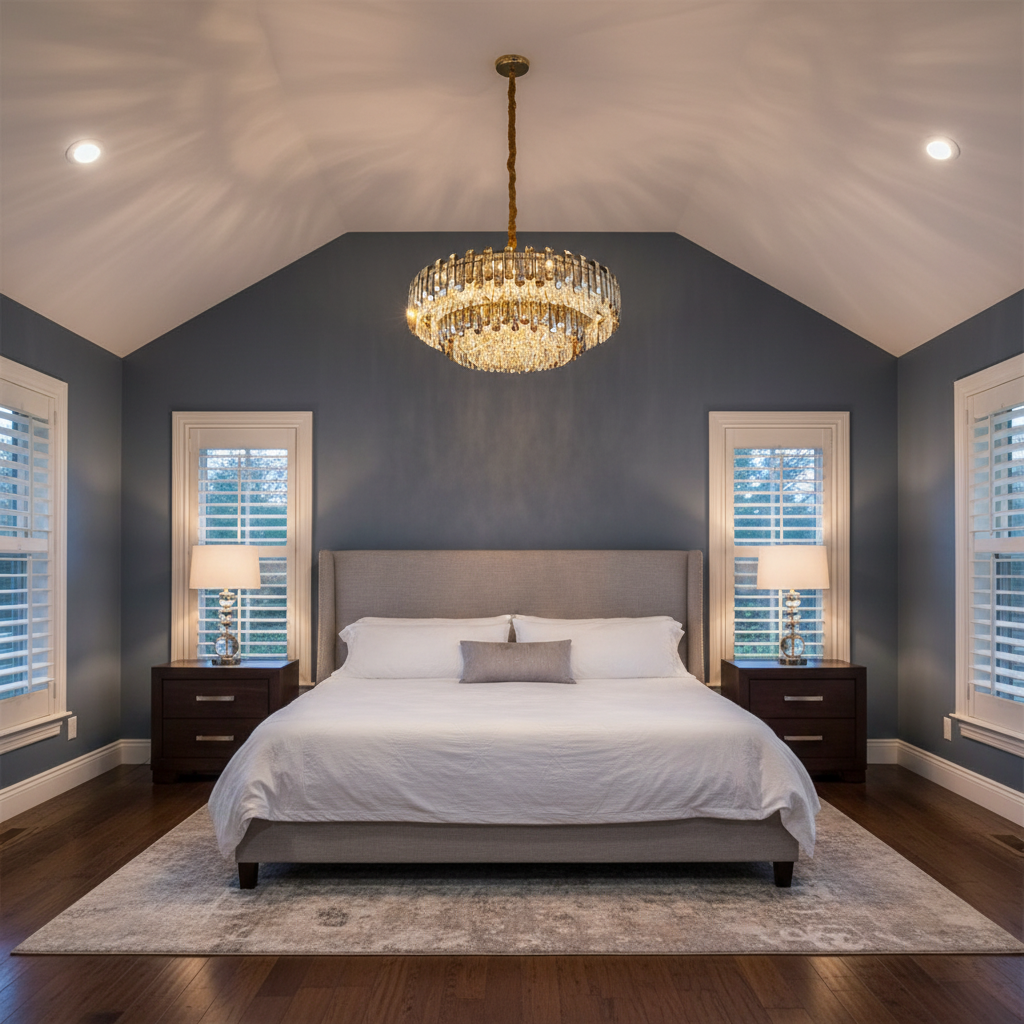 Riviko Radiant Smoke Crystal Flush Mount Chandelier - American master bedroom with standard ceiling