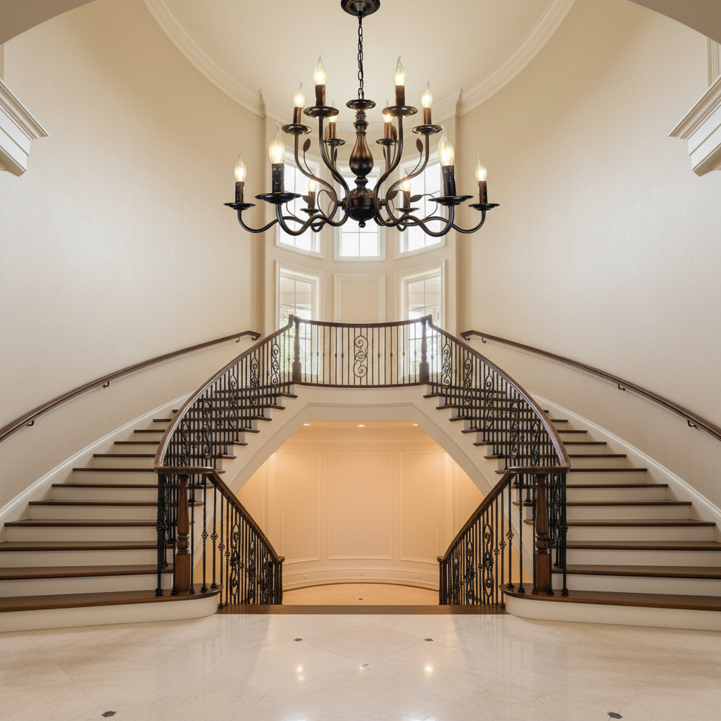 Riviko Heritage Iron Candle Chandelier - dramatic American stairwell with soaring ceiling