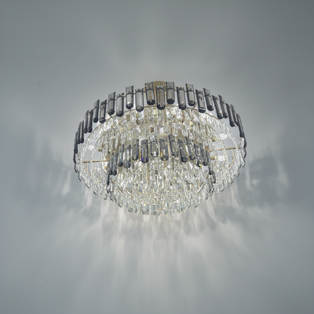 Riviko Smoke Gray Crystal Chandelier Flush Mounted Ceiling Light Fitxture Set for Dining Room/Living Room - Studio Shot