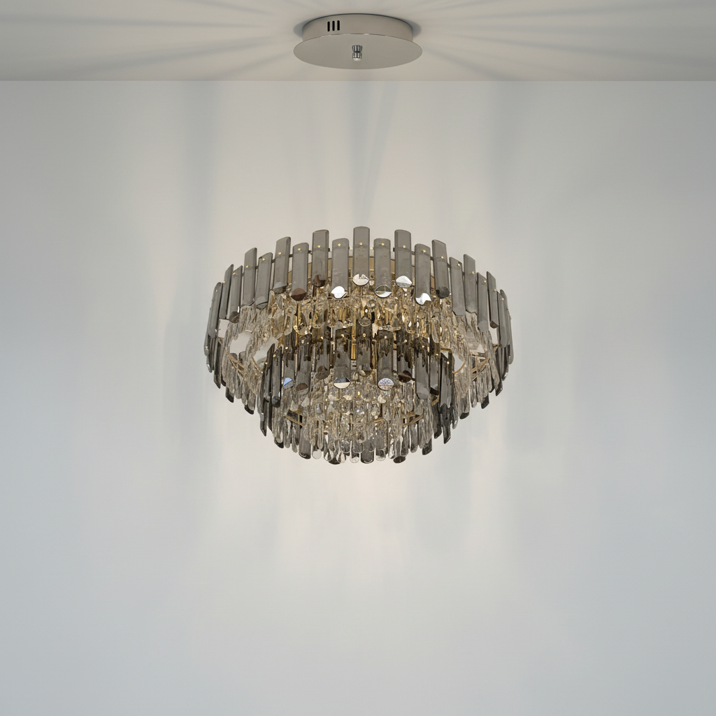 Riviko Smoke Gray Crystal Chandelier Flush Mounted Ceiling Light Fitxture Set for Dining Room/Living Room - Studio Shot