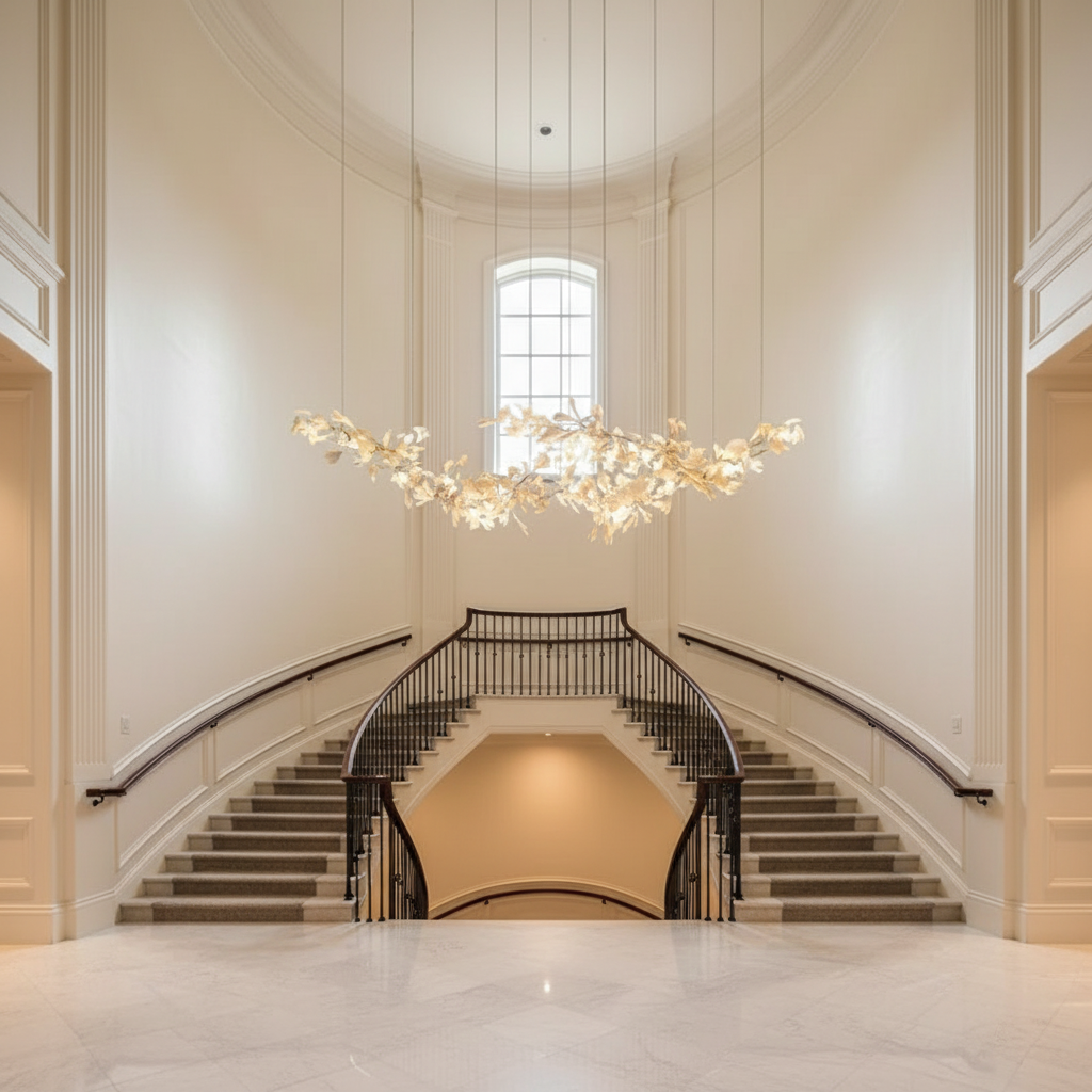 Riviko Porcelain Bloom Branch Chandelier - dramatic American stairwell with soaring ceiling