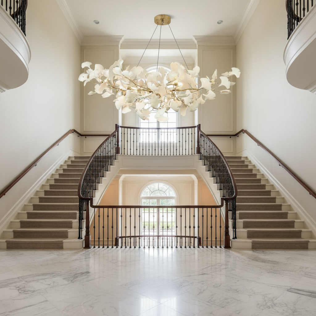 Riviko Ginkgo Bloom Ceramic Chandelier - dramatic American stairwell with soaring ceiling