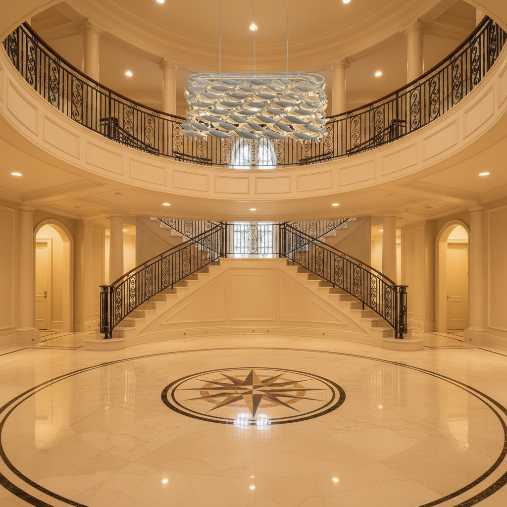 Riviko Porcelain Fish Sculptural Chandelier - grand American foyer with two-story ceiling