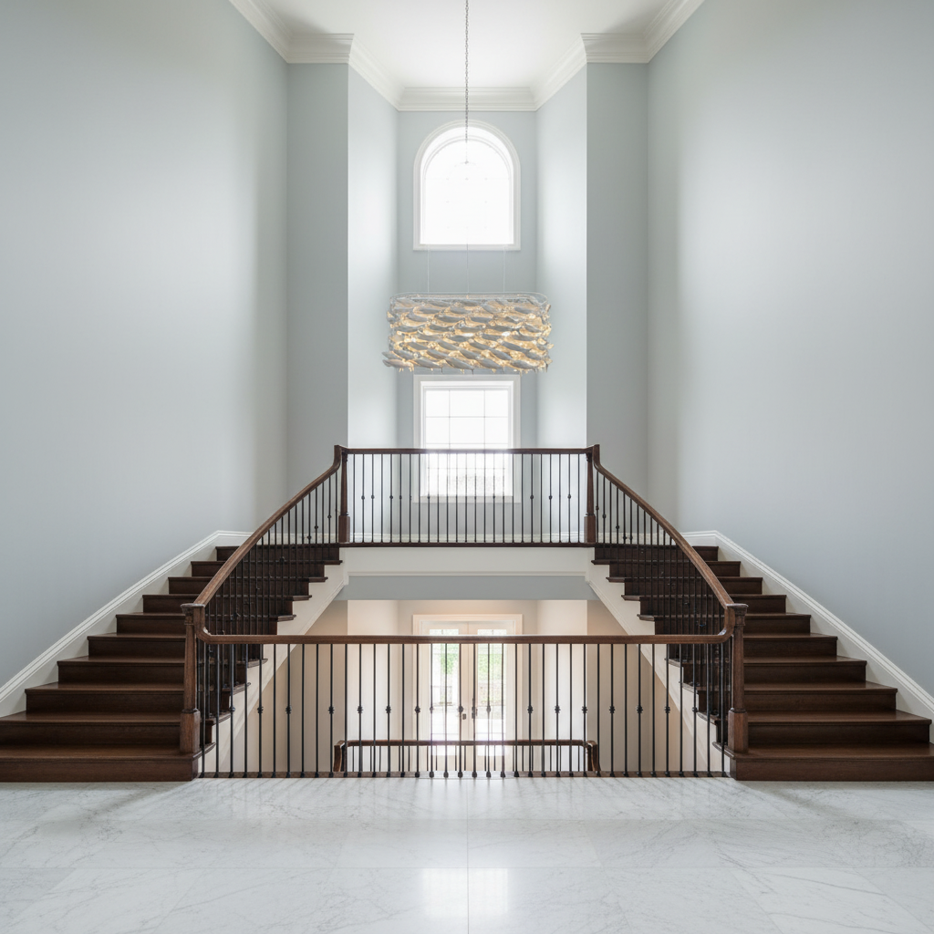 Riviko Porcelain Fish Sculptural Chandelier - dramatic American stairwell with soaring ceiling
