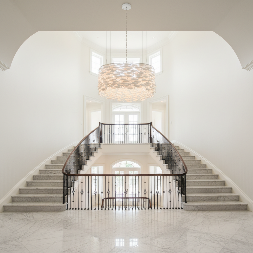 Riviko Porcelain Fish Sculptural Chandelier - dramatic American stairwell with soaring ceiling