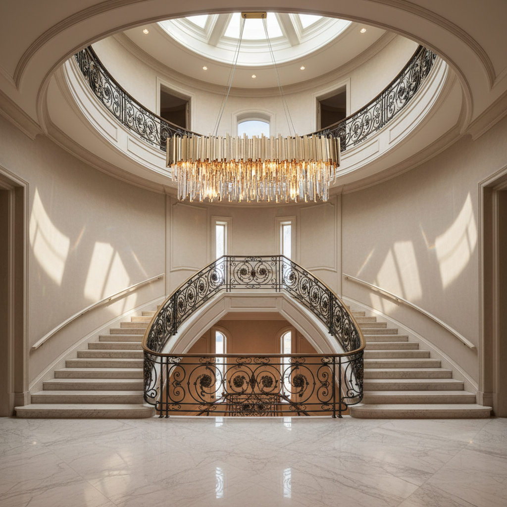 Riviko Radiant Cascade Linear Crystal Chandelier - dramatic American stairwell with soaring ceiling