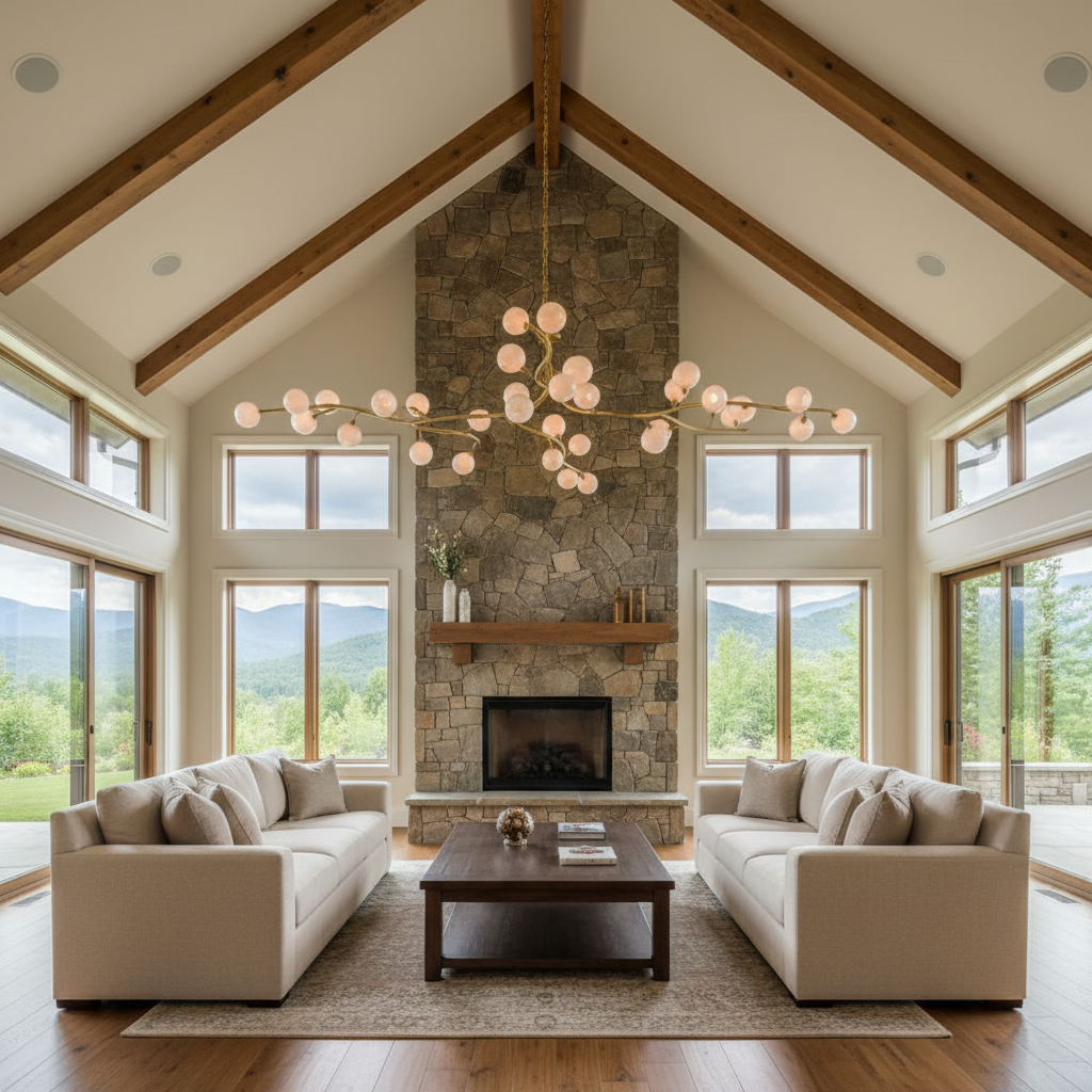 Riviko Aura Branch Glass Globe Chandelier - American transitional great room with cathedral ceiling