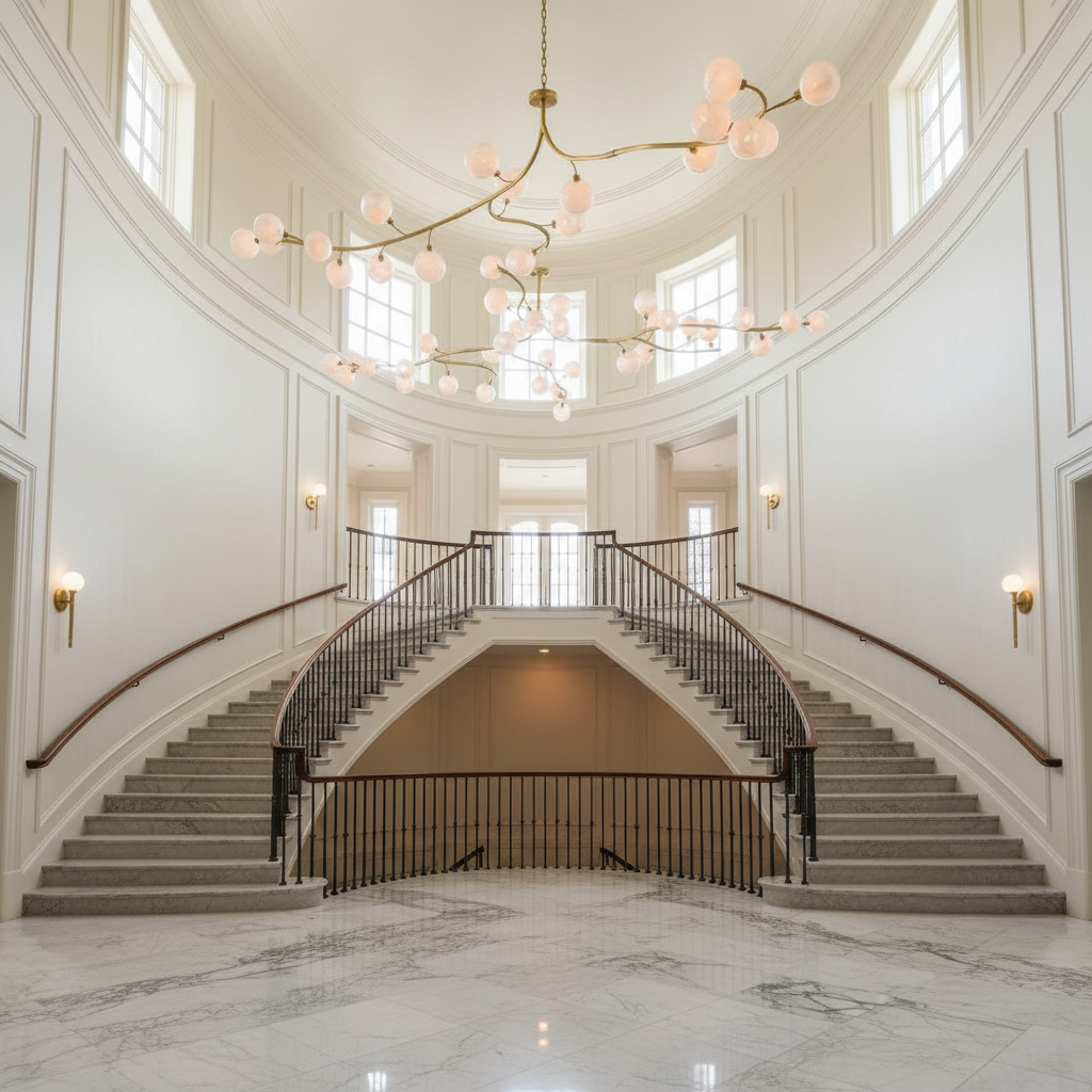 Riviko Aura Branch Glass Globe Chandelier - dramatic American stairwell with soaring ceiling