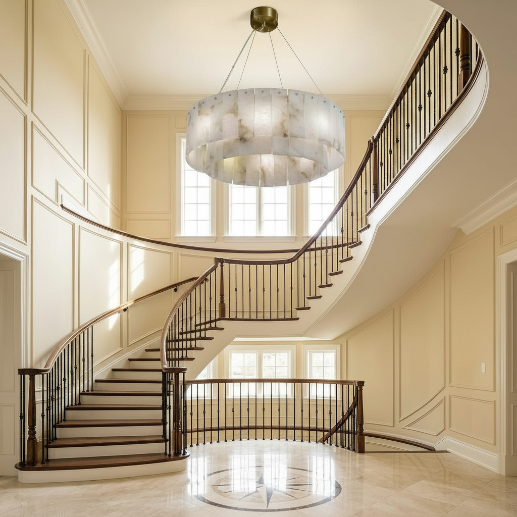 Riviko Alabaster Radiance Round Chandelier - grand American foyer with two-story ceiling