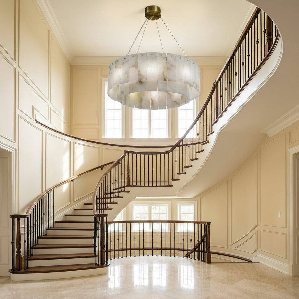 Riviko Alabaster Radiance Round Chandelier - dramatic American stairwell with soaring ceiling